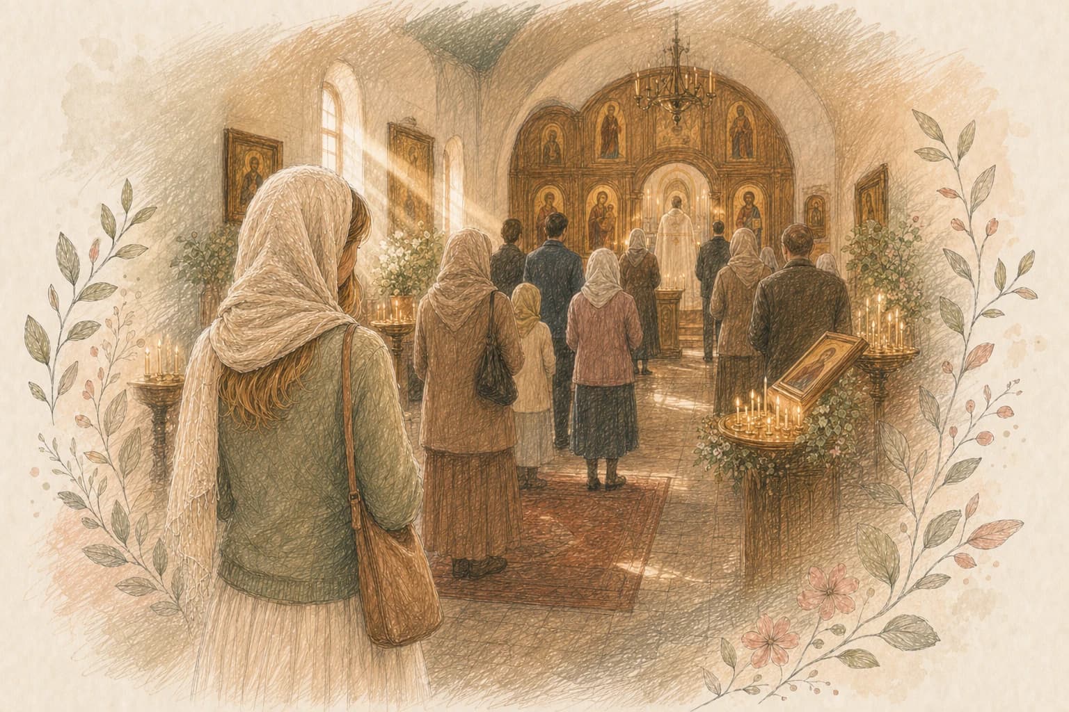 A newcomer standing quietly in an Orthodox church during a first visit