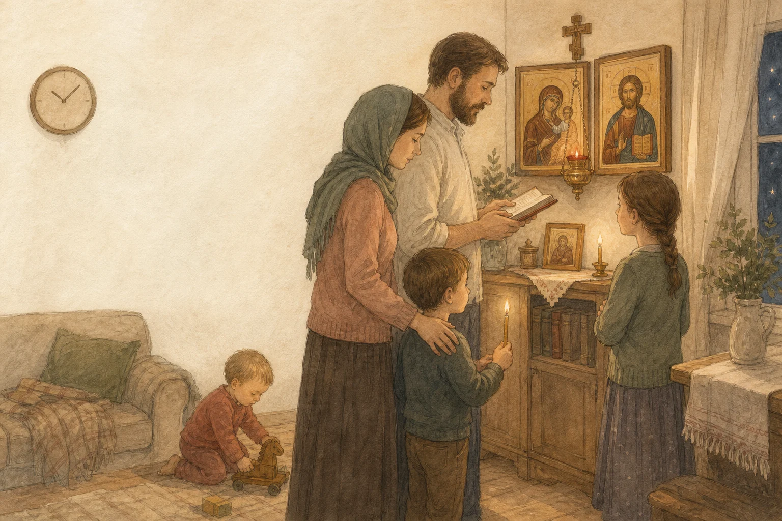 Православная редакционная иллюстрация к статье «Семейная молитва»